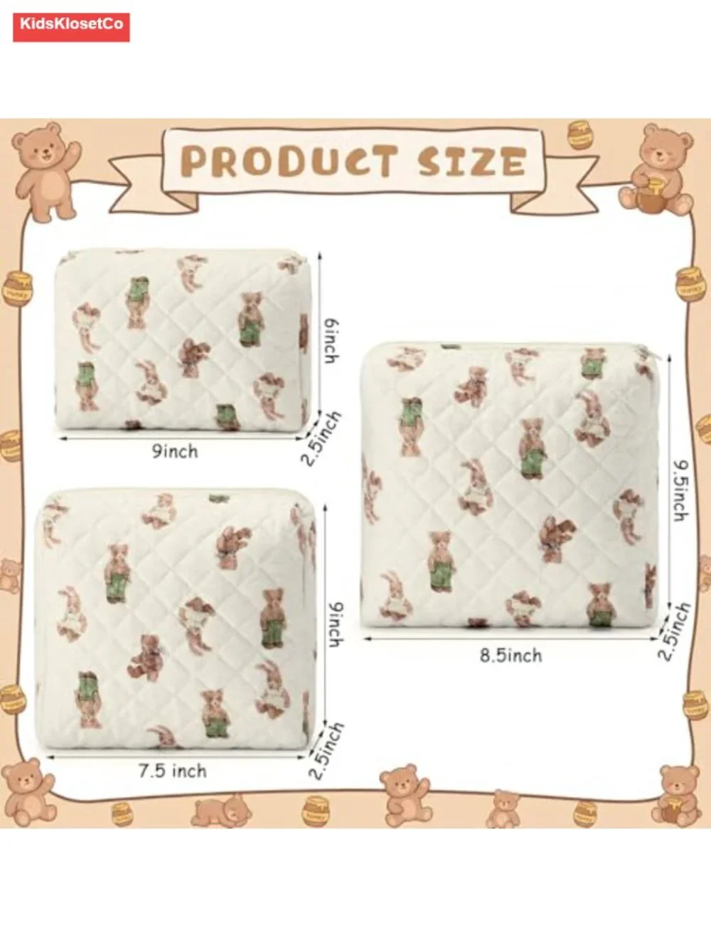 Quilted Cotton 3-Piece Diaper Bag Organizer Pouch Set with Bear Print